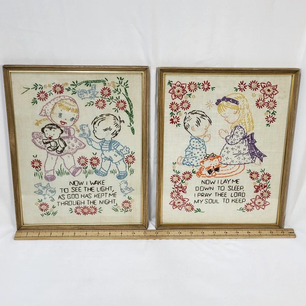 Now I Lay Me Down to Sleep Set Framed Embroidered Boy Girl Vintage Nursery Decor